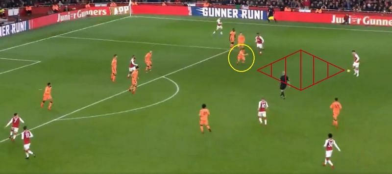 Milner (circled yellow) was drawn out-wide and gave Xhaka too much space (red shaded area) in the final third to go for goal.
